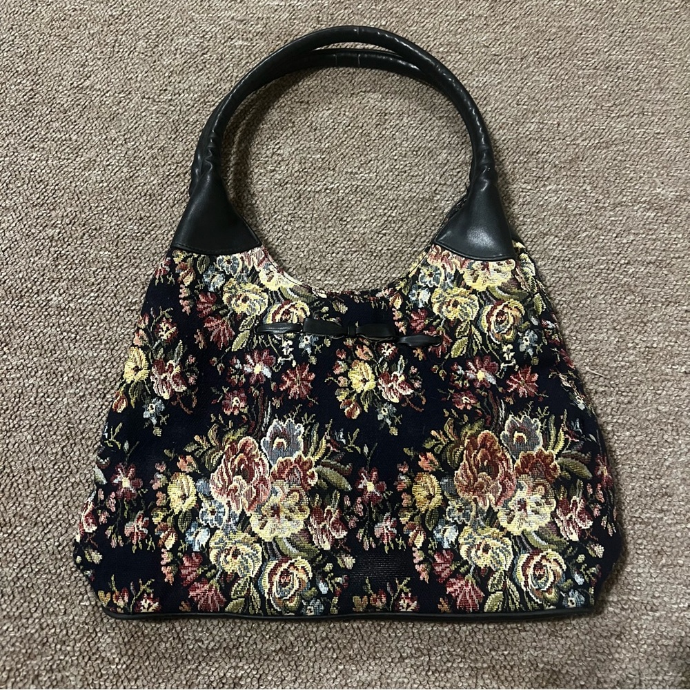 Liz Claiborne Black Hobo Bag with Floral tapestry ( carpet design ) bow accent